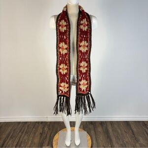Vintage Crochet Handmade Boho Scarf Granny Square Red Brown Floral